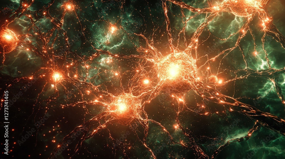 Poster abstract cosmic nebula with fiery orange and green hues, glowing particles, and intricate patterns. 