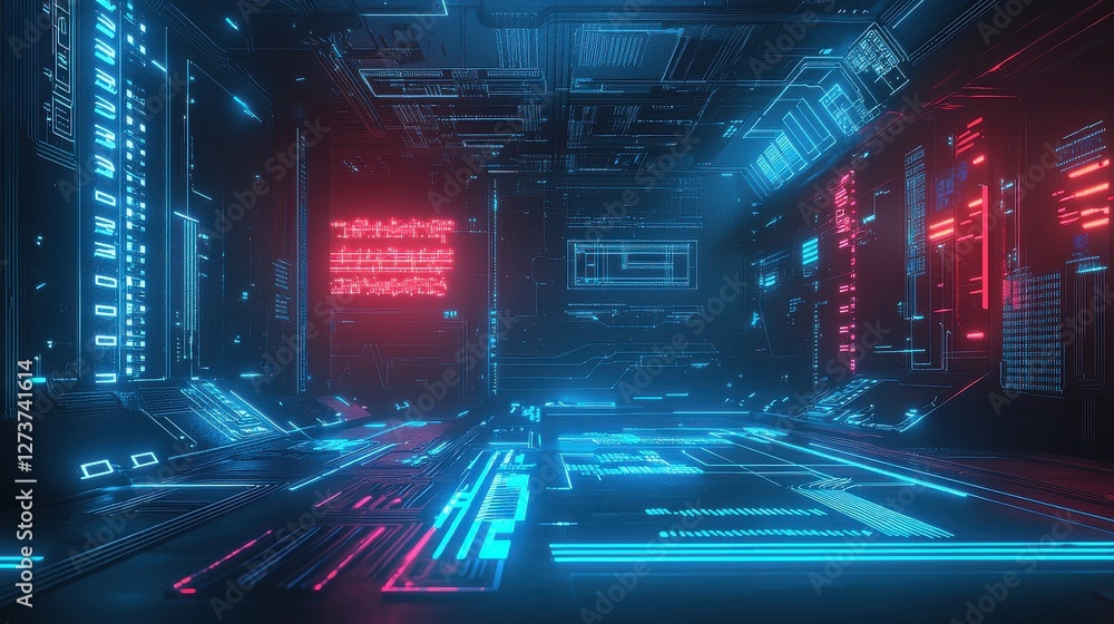 Poster abstract shot features a futuristic corridor with vibrant blue and red neon lights highlighting intr