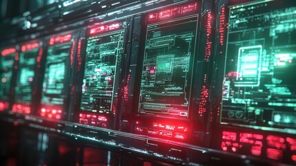 Close up view of a futuristic control panel with glowing red and green digital displays, intricate circuitry, and a dark metallic background.