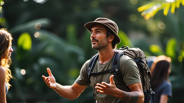 Eco tourism guide leading group of tourists through a protected tropical rainforest to explore the rich biodiversity and natural beauty