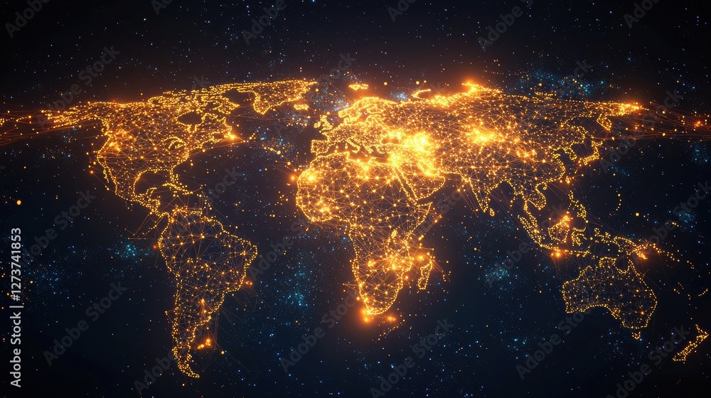 Poster glowing orange and yellow lights depict the world map against a dark blue space background with spar