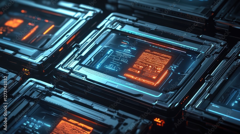 Poster close up view of glowing circuit boards with orange and blue illuminated components. abstract techno