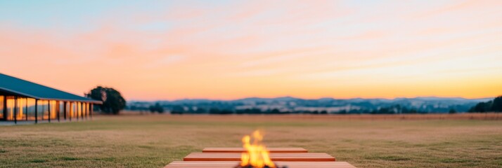 Rustic Outdoor Evening Wooden Benches Around Campfire for Community Bonding in Modern Event Marketing and Sustainable Lifestyle Spaces