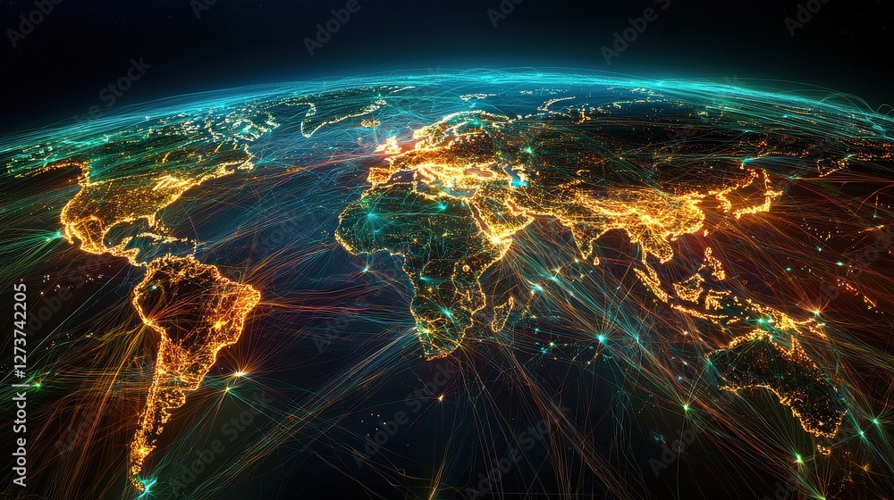 Aufkleber digital rendering of earth at night, showcasing city lights as glowing points of light against a dar
