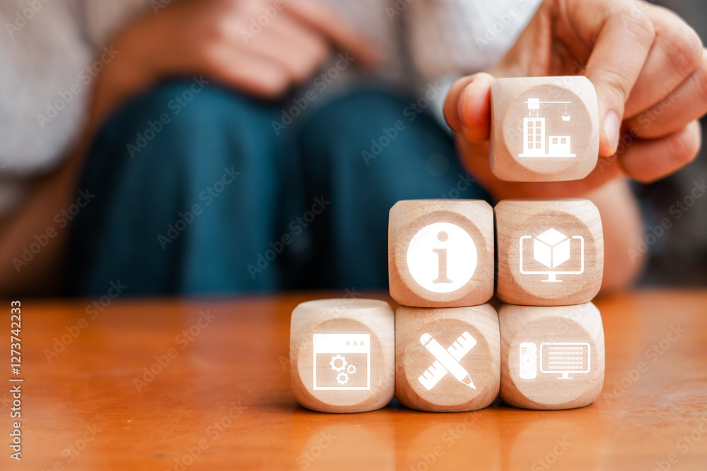 Poster wooden blocks with digital icons representing building information modeling, showcasing modern archi