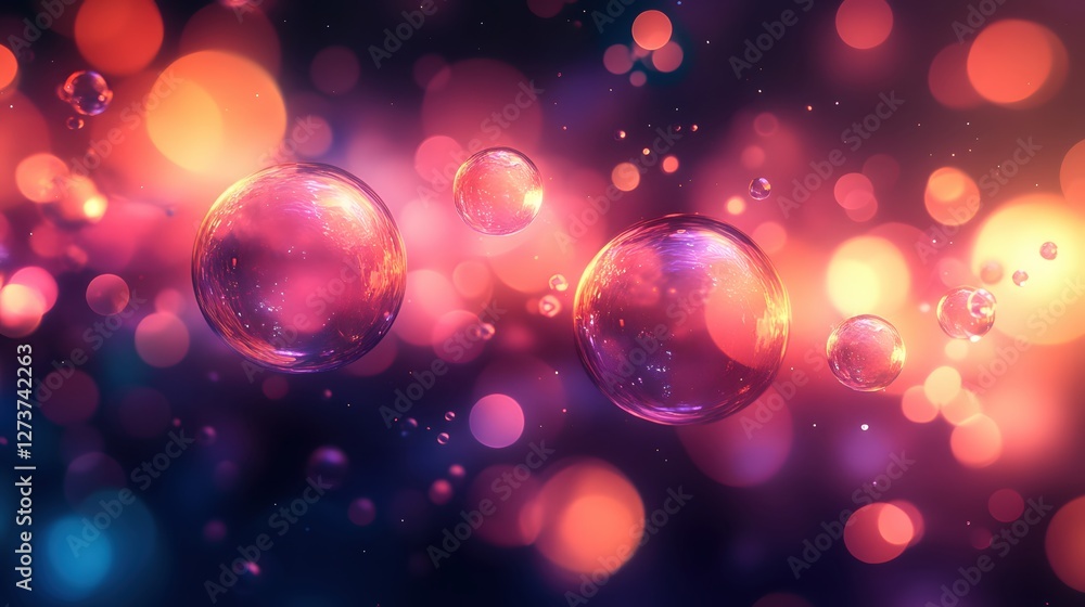 Poster luminous spheres floating in a dreamy space with soft bokeh and vibrant color play