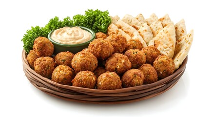A Golden Crispy Falafel Platter with Hummus, Tahini Sauce, and Fresh Salad