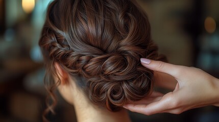Obraz premium A close-up of a beautiful female hairstyle with intricate braids and soft curls. The hand gently adjusts the hairstyle, emphasizing the elegance and craftsmanship