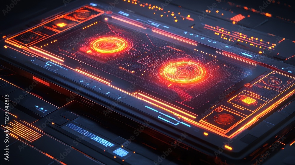 Poster futuristic technology interface with glowing orange and blue elements. dark background, intricate de