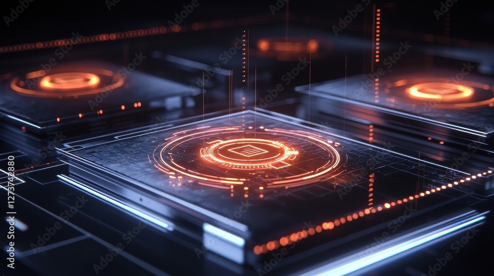 Poster abstract digital art featuring glowing orange and blue circuit boards with intricate patterns and a 