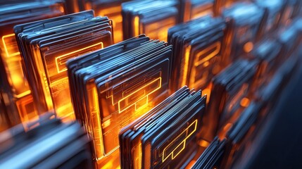 Obraz premium Abstract background with glowing orange and blue cubes, digital art, futuristic technology, close up view, detailed texture.