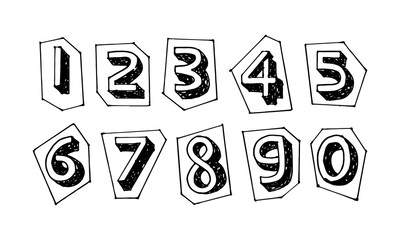 Hand-drawn numbers zero to nine quirky doodle cartoon vector elements.