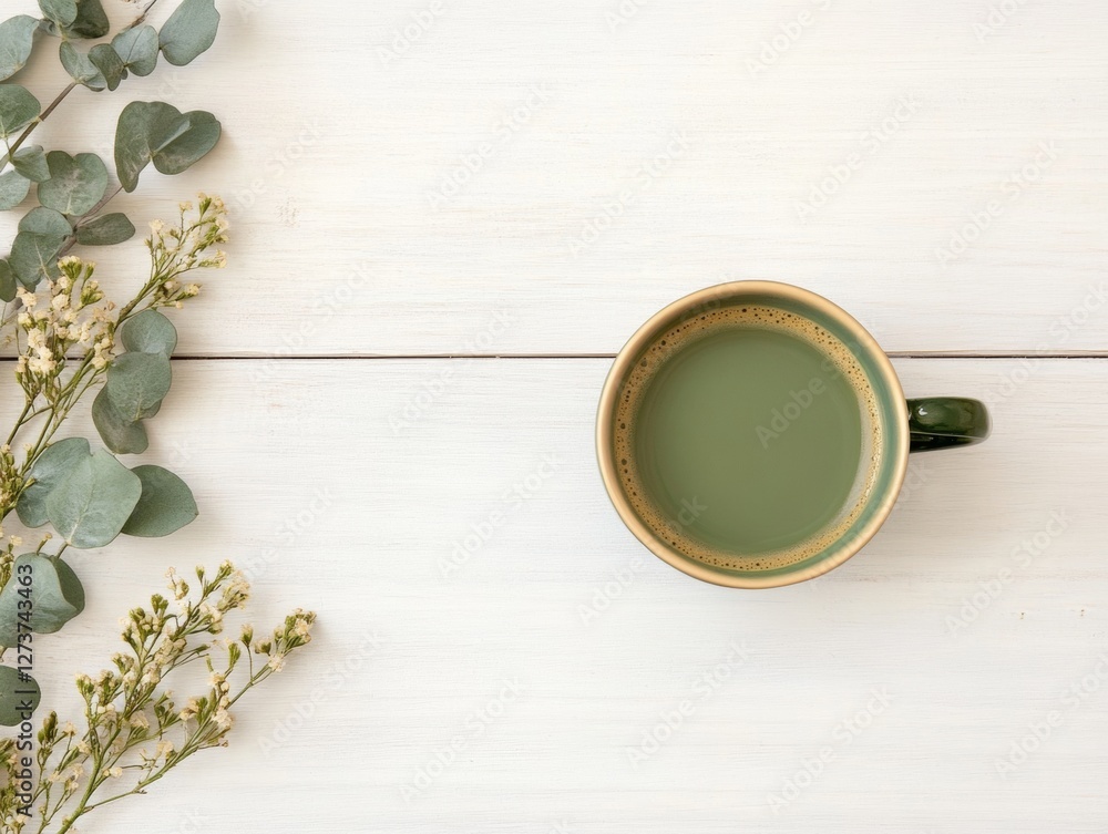 Poster scandinavian minimalist workspace with greenery and coffee calm digital productivity setup for remot