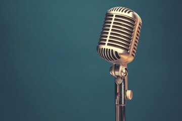 Fototapeta premium Retro style microphone stands against dark turquoise background