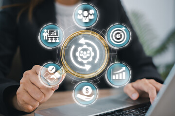 Digital interface illustrating human resource management with business icons, symbolizing modern workplace efficiency and strategy.