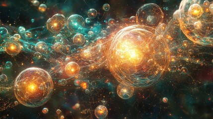 Abstract cosmic artwork featuring glowing orbs and particles in teal, orange, and gold hues. The image evokes a sense of wonder and cosmic energy.