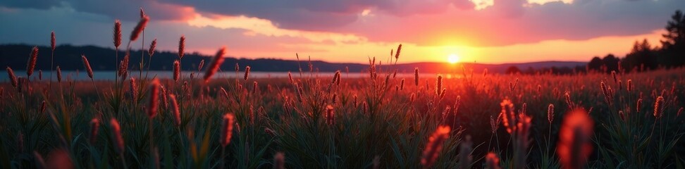 Softly glowing marsh grasses illuminate the evening sky, plant life, backlit, sunset