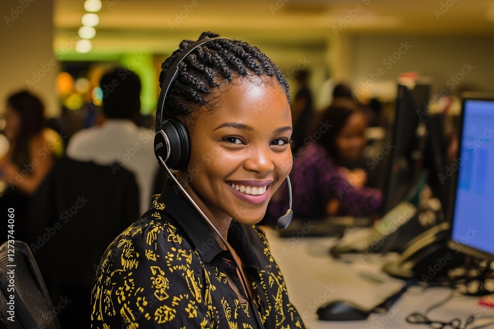 Poster in a call center, a female agent providing customer support is seated at her workspace, talking to a