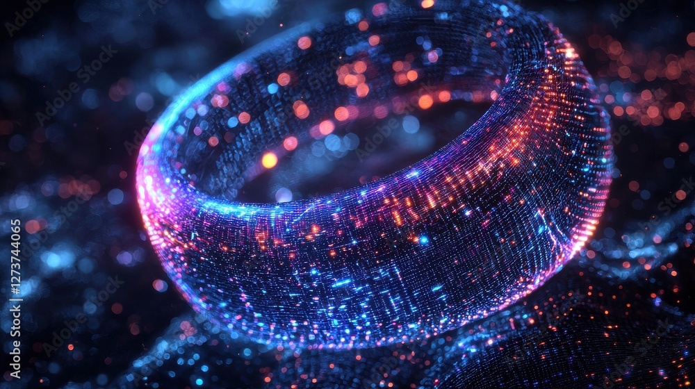 Poster abstract digital art of a glowing, swirling torus with blue, red, and orange particles against a dar