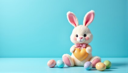 Fototapeta premium Cute Plush Bunny with Easter Eggs on a Bright Blue Background
