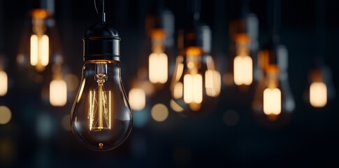 Dark background adorned with hanging light bulbs exudes a cozy and inviting atmosphere of an indoor cafe or a festive Christmas gathering