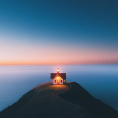 Obraz premium Ambient Coastal Harmony Twilight Lighthouse on Cliff - Oceanic Guidance and Navigation Art for Digital Marketing and Nautical Safety Promotions