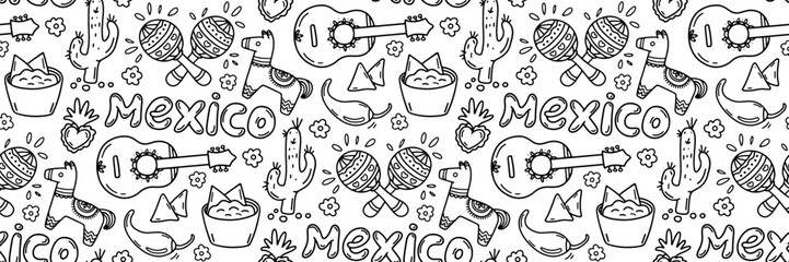 Mexican culture symbols doodle pattern. Guitar, maracas, cactus, pinata and guacamole. Mexican tradition musical instruments and food. Cinco de Mayo celebration background. Vector outline illustration
