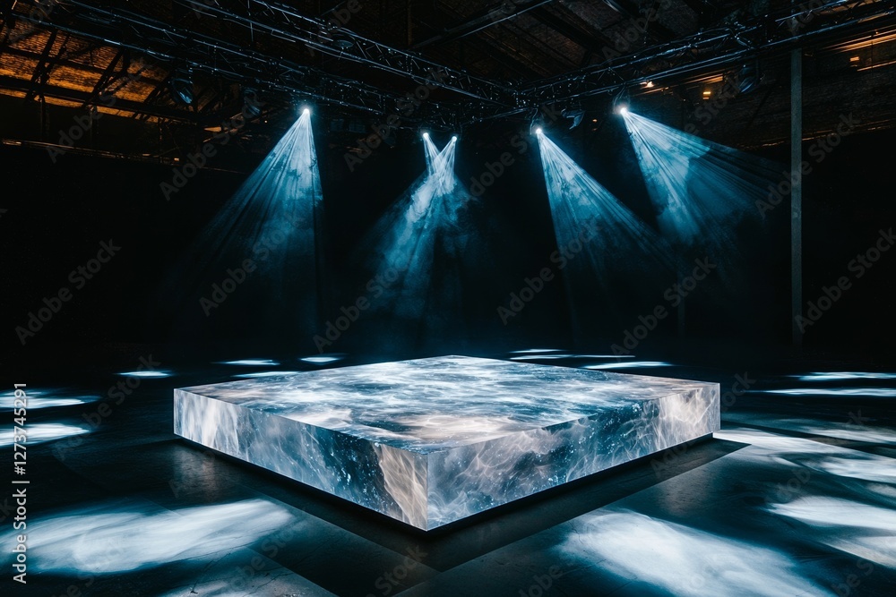 Poster a performance show took place on an empty stage with a light beam effect and neon light, all set aga