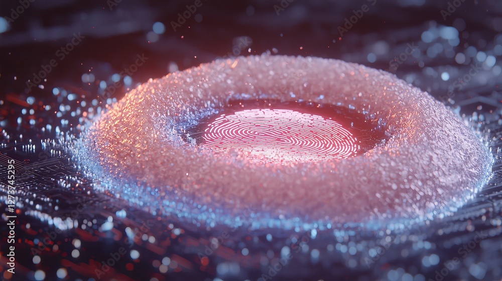 Poster a 3d rendered conceptual image highlighting integrated circuit, authentication online, fingerprint l