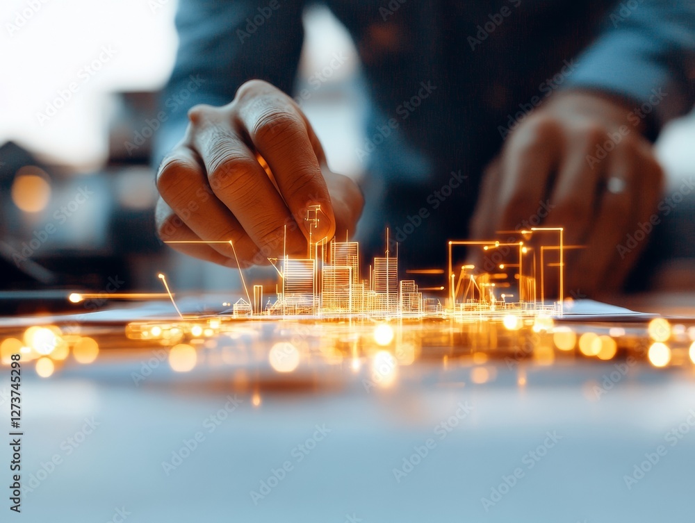 Poster innovative tech-inspired visual professionals engaging in holographic display on sleek wood table - 