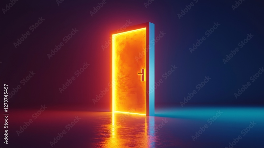 Poster an empty dark room with steps is illuminated by warm orange light that passes through a door portal 