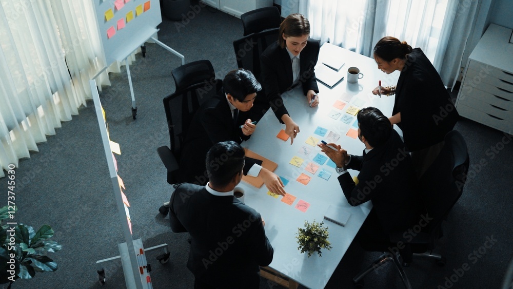 Poster top view of smart executive manager financial graph to diverse team while group of multicultural bus