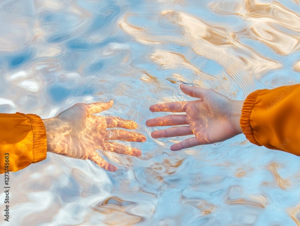 Fototapete Tactile Innovation in Business Strategy Diverse Collaboration Hands in Reflective Water Pattern - Dynamic Teamwork and Creative Alignment for Modern Enterprises