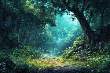 Enchanted forest path, dappled light.