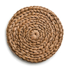Obraz premium Round woven rattan placemat with a spiral pattern the placemat is a light brown color isolated on white