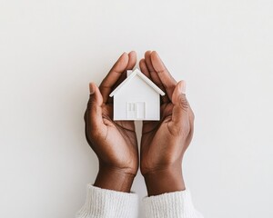 Contemporary Minimalist Real Estate Visual Diverse Hands Cradling Miniature White House on Neutral Surface - Protective Homeownership and Security for Modern Property Marketing