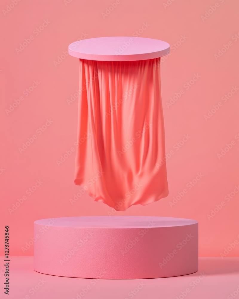 Poster surreal magic display floating coral silk above textured pink platforms - contemporary event decor a