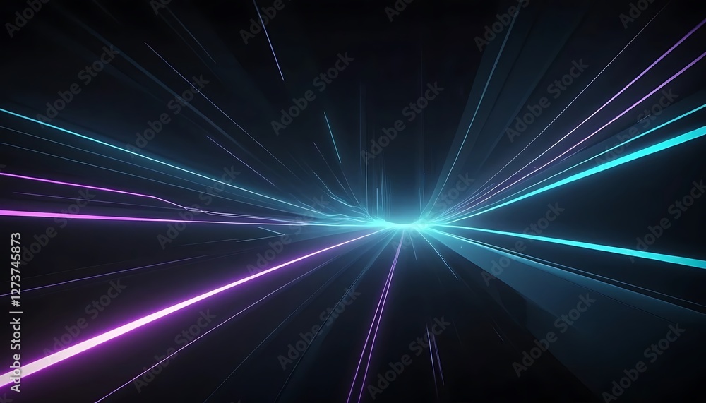 Poster abstract digital art with dynamic neon streams in a dark futuristic space
