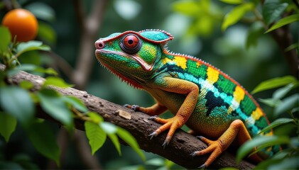 Obraz premium Vibrant Chameleon Camouflaged Among Greenery in Tropical Setting