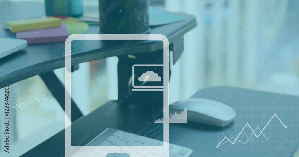 Aufkleber image of icons and data processing over desk in office