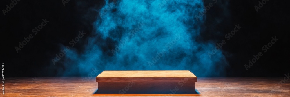 Poster Modern Rustic Stage Design Wooden Platform with Atmospheric Lighting and Smoke Effects - Immersive Event Spaces and Theatrical Ambience for Creative Venue Planning