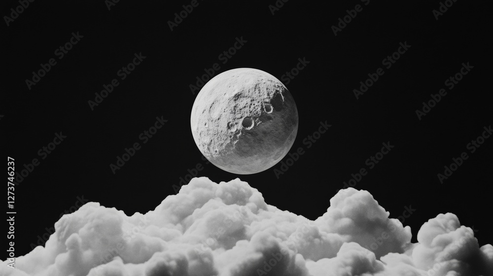 Poster lunar aesthetics monochrome earth orbit scene with cratered moon and clouds - high-impact space expl