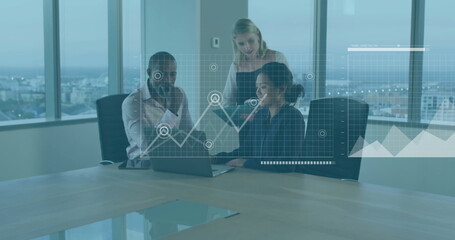 Image of financial data processing over diverse business people in office