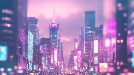 Obraz premium The neon city lights are blurred and presented in a bokeh style, forming a futuristic-looking backdrop