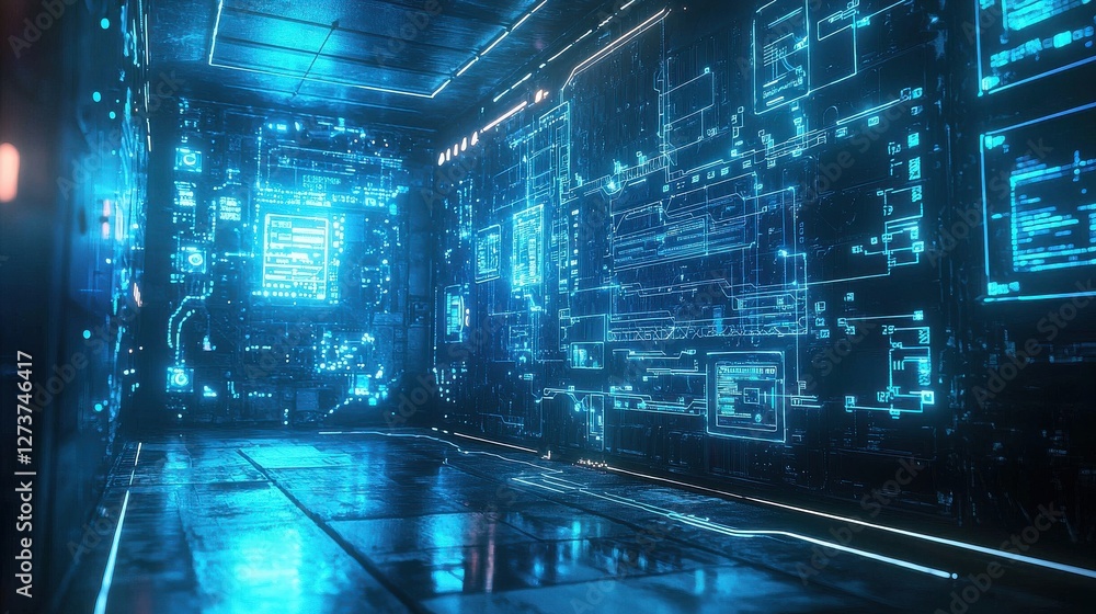 Poster illuminated blue circuit patterns in a futuristic technology corridor with dim lighting