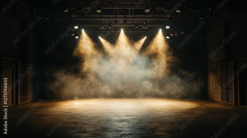 Poster an empty stage is set with illuminated podium, surrounded by stage fog and smoke, and lit up by thea