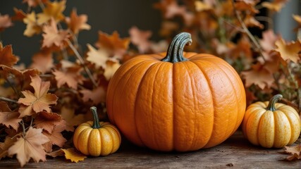 Vibrant Pumpkins Surrounded by Autumn Leaves on a Wooden Surface