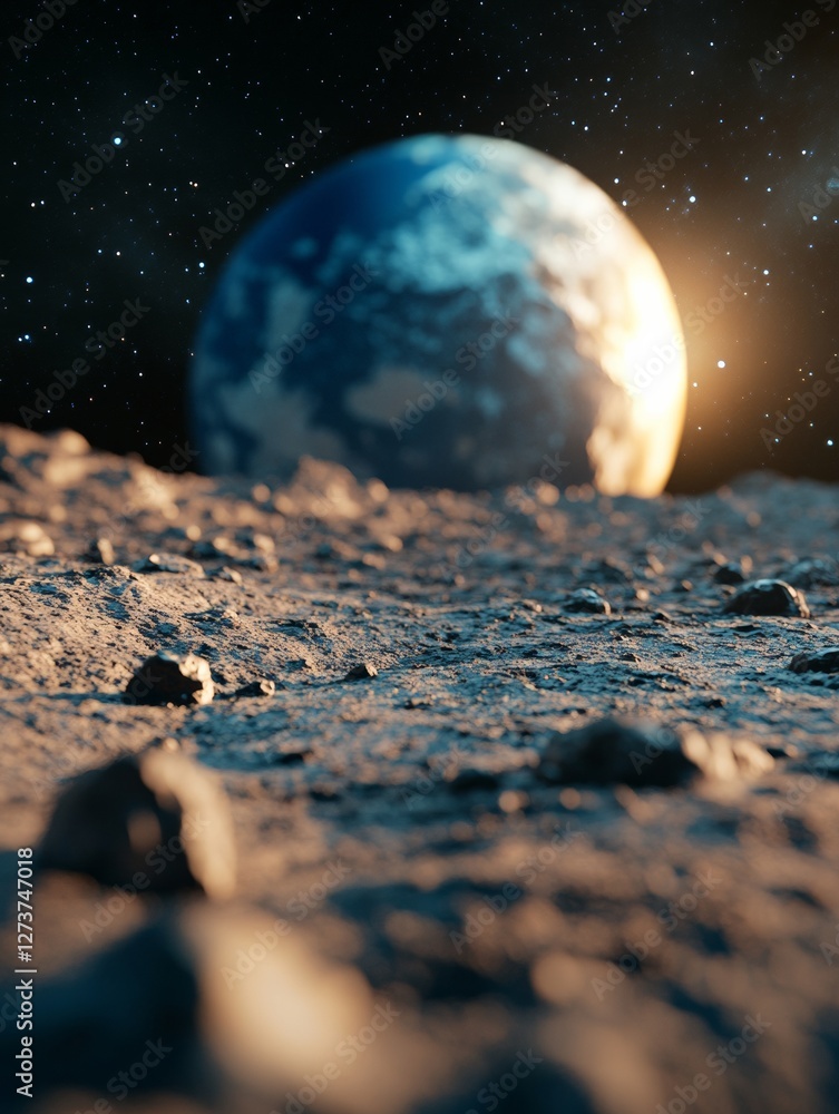 Poster celestial tech imagery high-resolution moon terrain and earth backdrop for space exploration marketi