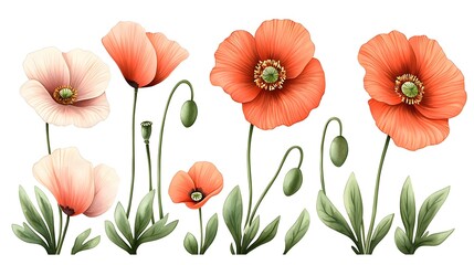 A tranquil field of vibrant red poppies swaying gracefully  captured in loose watercolor brushstrokes against a clean white canvas