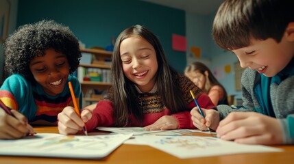 A group of children are engaged in creative activities, drawing and coloring various art supplies on the table, immersing themselves in their creative activities in a bright classroom.